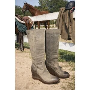 Frye Paige Gray Leather Knee High Wedge Boots Women’s 10M Western X Stitch Boho